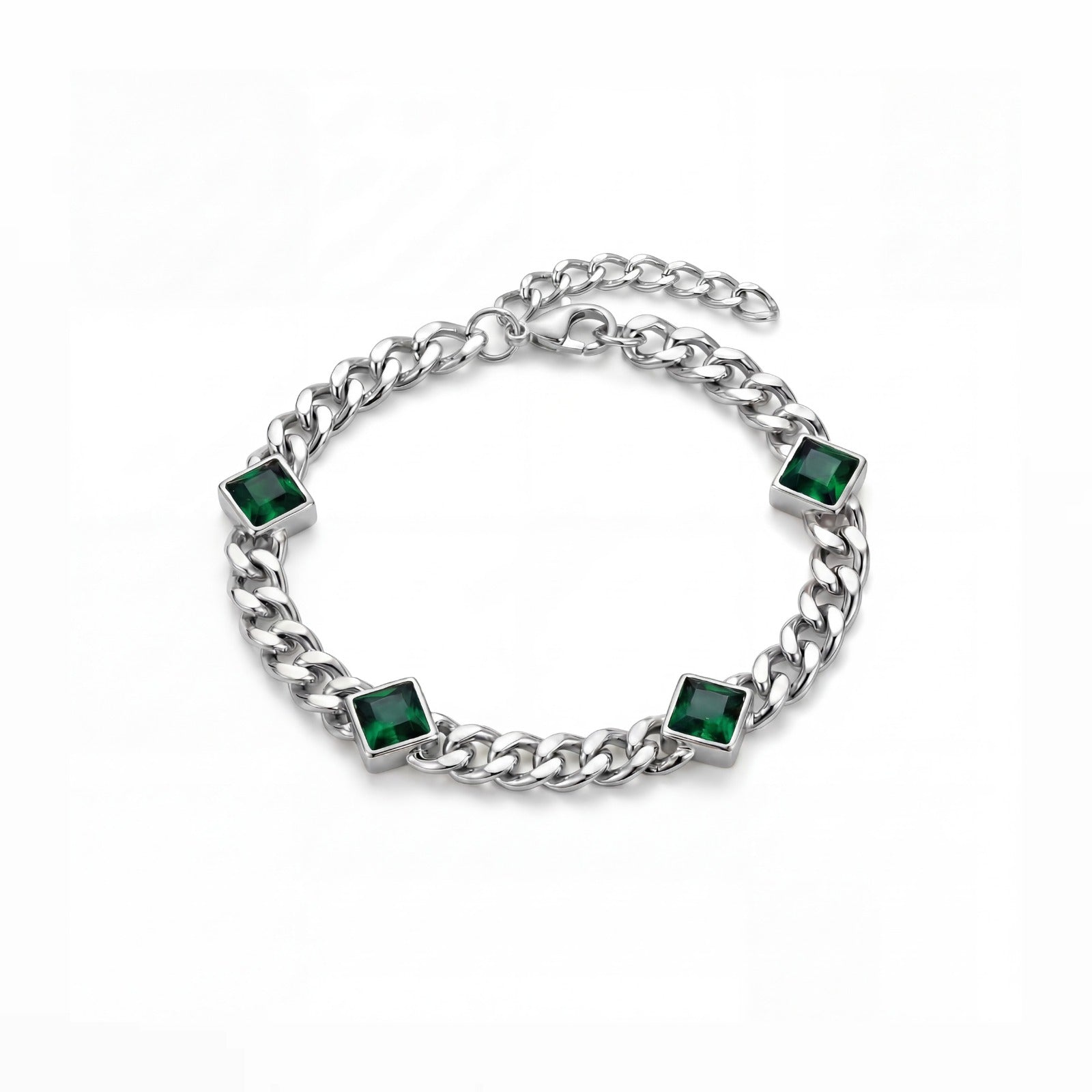 Emerald Bezel Curb Bracelet - Silver