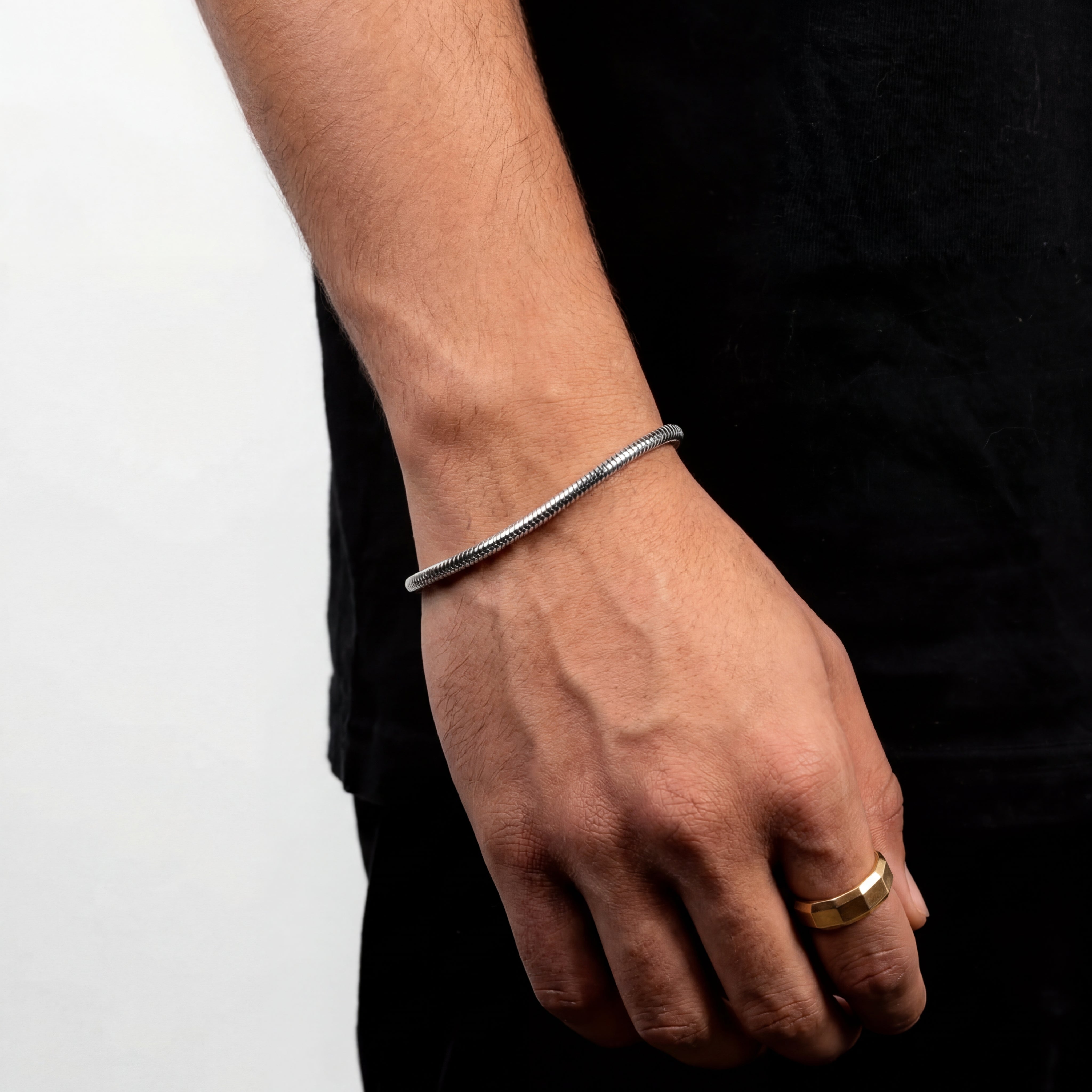 Snake Bracelet 3MM Silver worn — men's jewelry | shoprusset.com