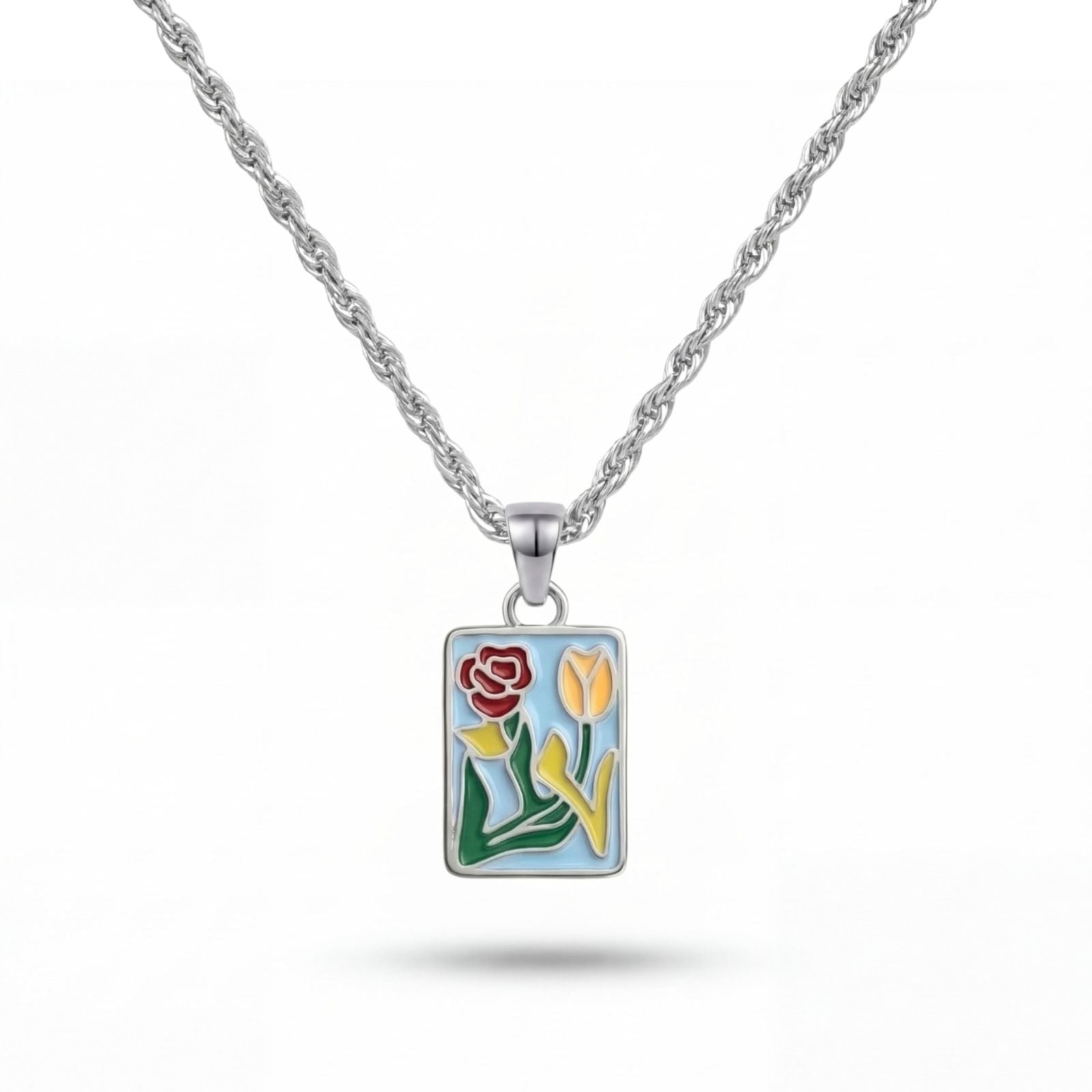 Floral Enamel Pendant Silver worn — men's jewelry | shoprusset.com